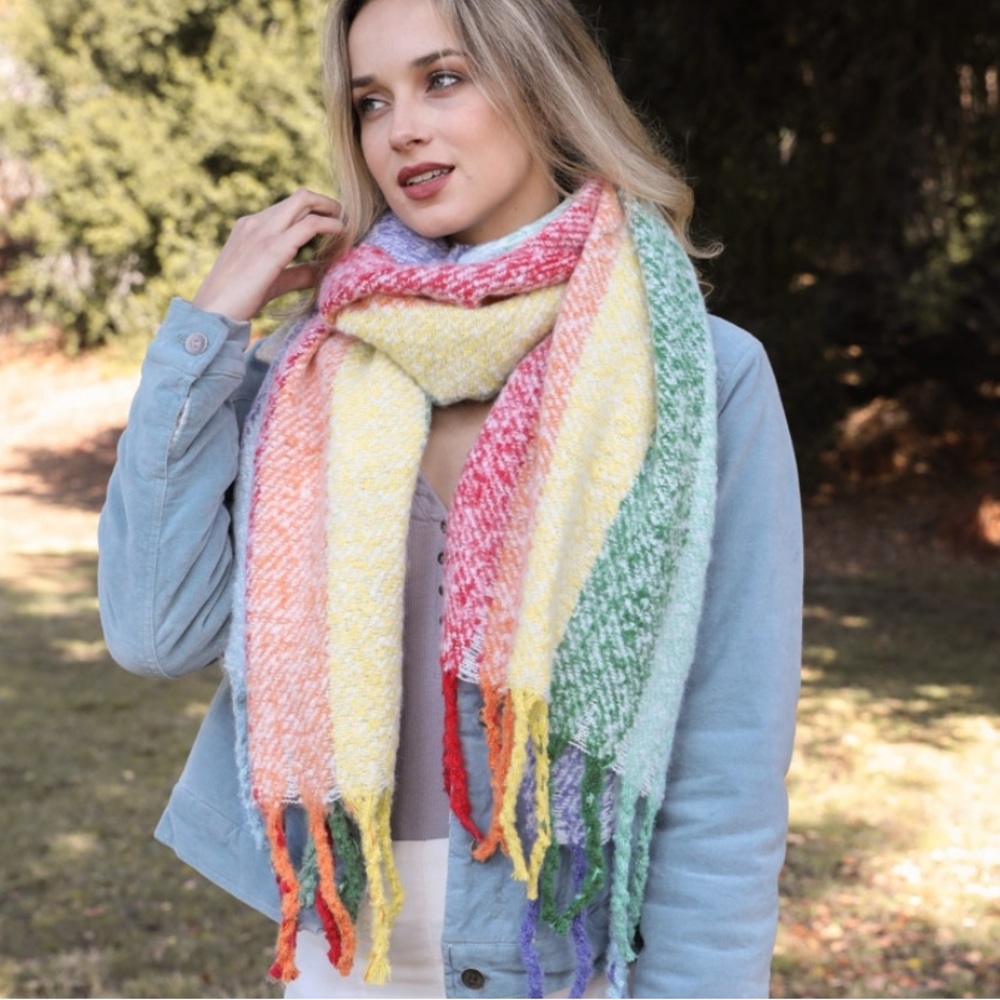 Oversized Rainbow Tassel Blanket Scarf in Pink Rainbow